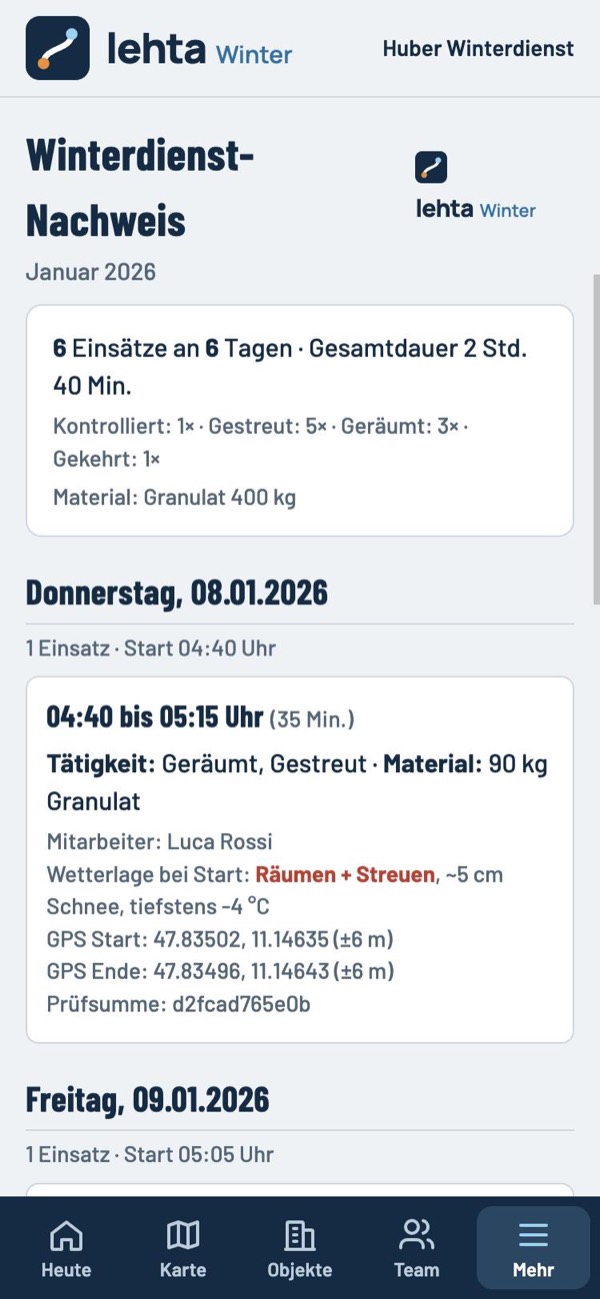 Winterdienst-Nachweis für Januar: sechs Einsätze mit Gesamtdauer und Material, darunter ein Einsatz mit Uhrzeit, Tätigkeit, Mitarbeiter, Wetterlage, GPS und Prüfsumme.