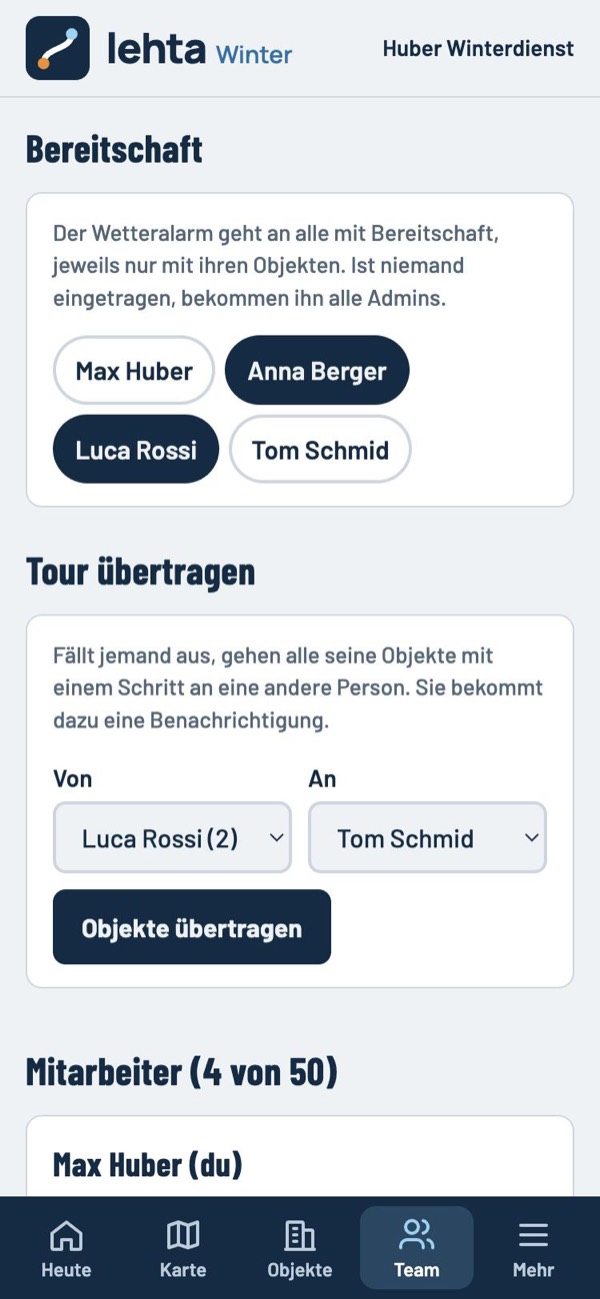 Team-Bereich: Auswahl der Mitarbeiter in Bereitschaft und Tour übertragen von einer Person an eine andere.